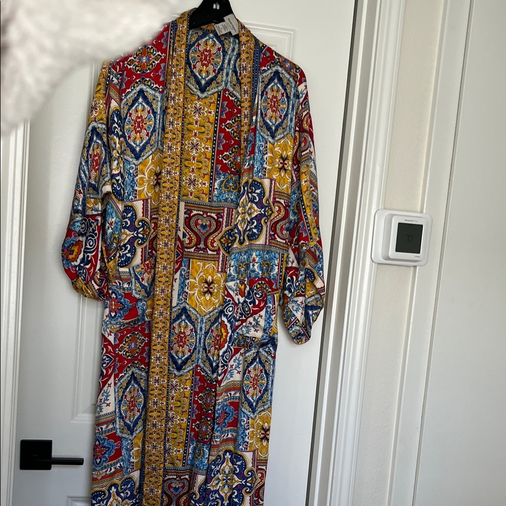 HAUTE HIPPIE โฅ๏ธ๐๐ Multicolor Patterned Kimono Robe Duster Red Blue Sz M - Picture 4 of 11